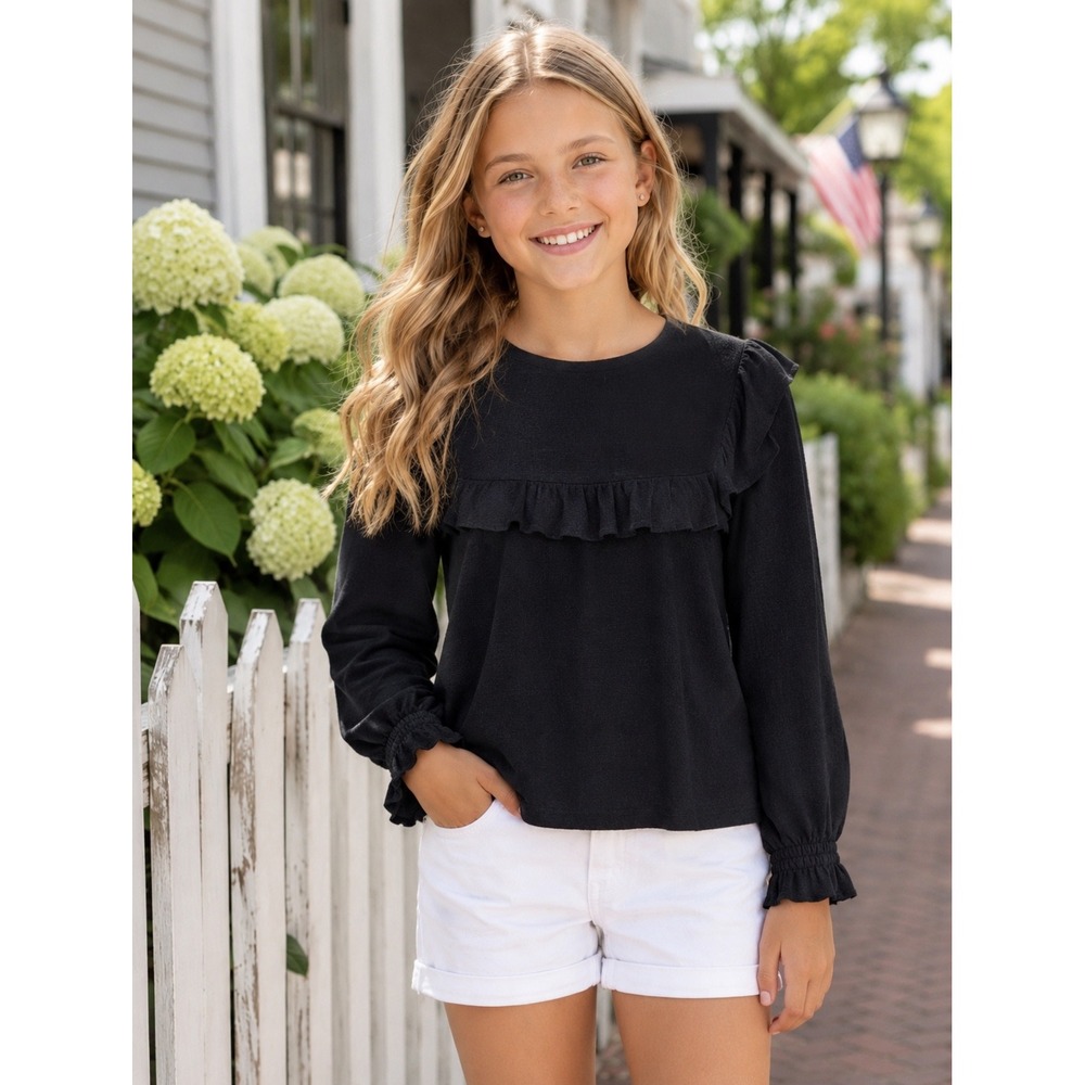 Polo Ralph Lauren Ruffle Shirt Girls L 12-14 Black Cotton Long Sleeve Top NEW